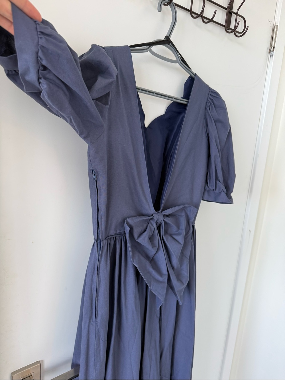 Laura Ashley Slate Blue Midi Dress with Puff Sleeves and open back with Bow - Picture 3 of 5